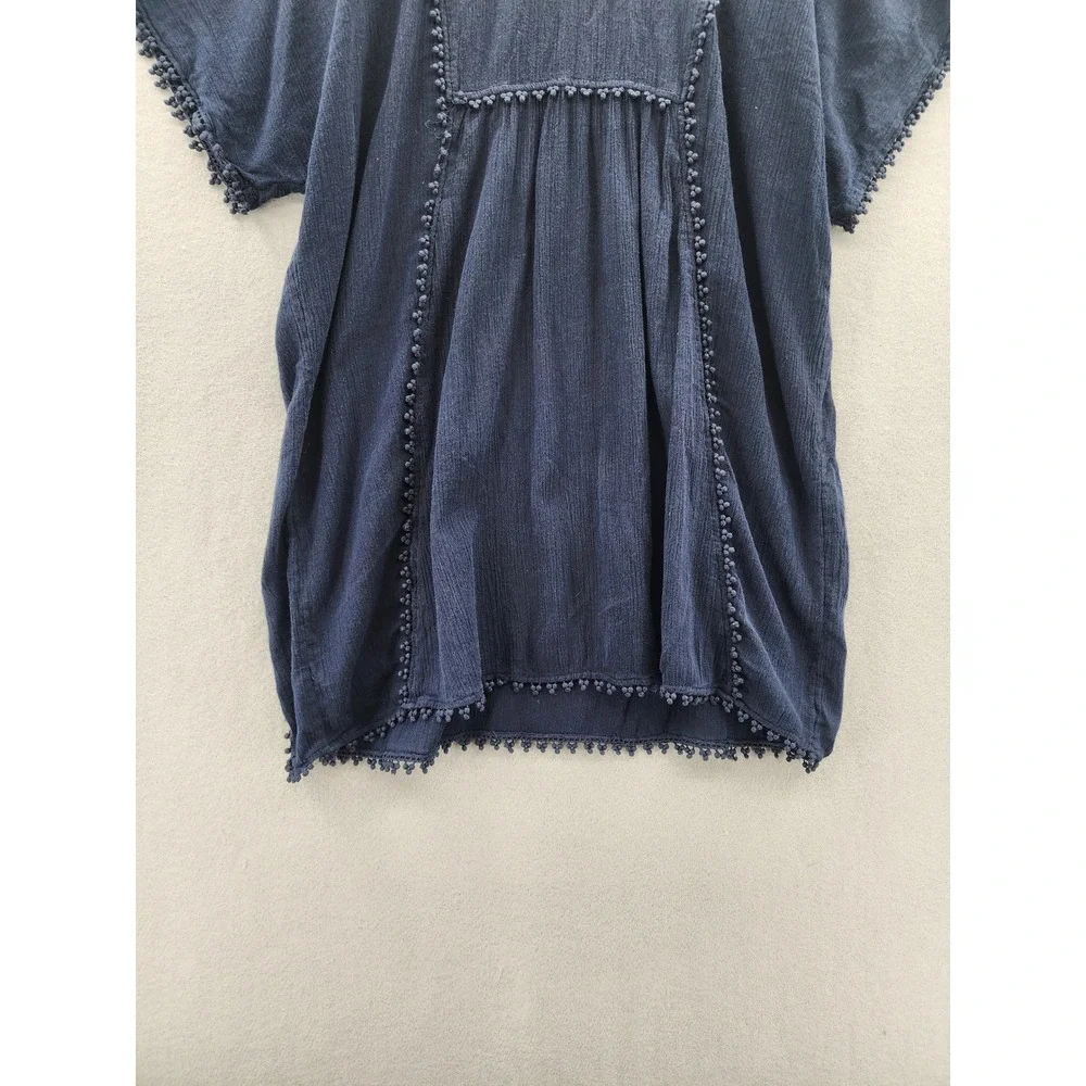 J.Crew Womens Navy Blue Gauze Cotton Pom Pom Boho Peasant Top‎ Blouse Medium